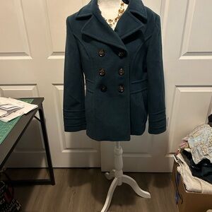 St. John's Bay Teal Double-Breasted Wool and Cashmere Pea Coat